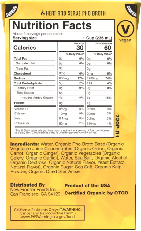 Nutrition facts, ingredients, and vegan badge for Ocean's Halo Organic Pho Broth. see nutrition and ingredient tab for more details.