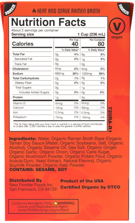 Nutrition facts, ingredients, and vegan badge for Ocean's Halo Organic Ramen Broth. See nutrition and ingredient panels.