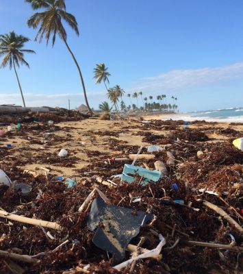 A beach littered with trash and plastic, highlighting the urgent need for environmental conservation and clean-up efforts.