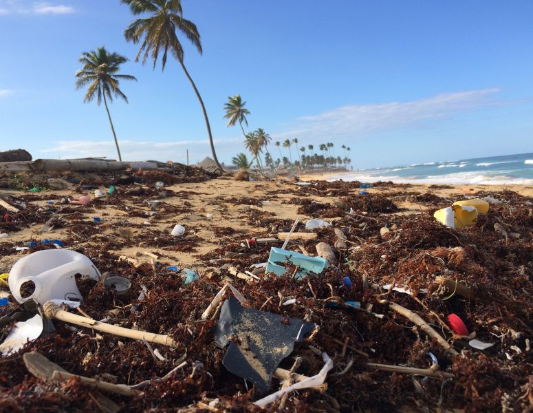 A beach littered with trash and plastic, highlighting the urgent need for environmental conservation and clean-up efforts.