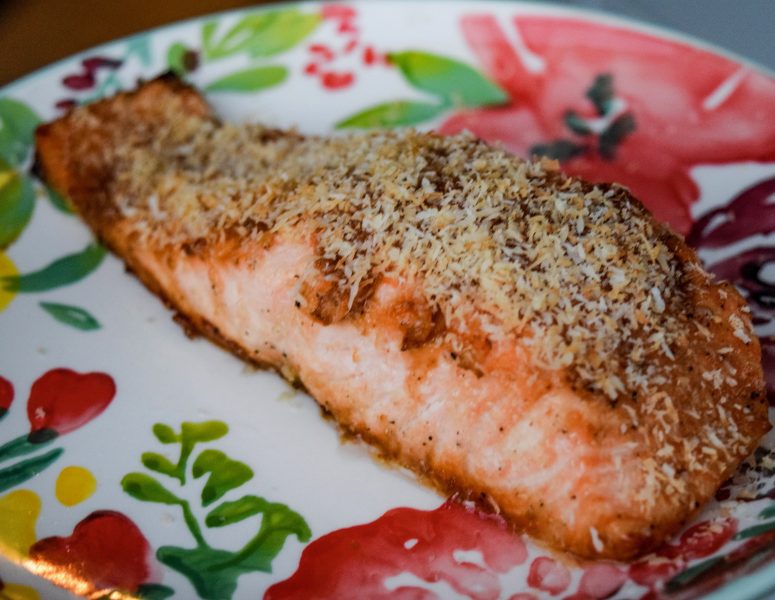 A plate featuring a piece of salmon topped with a light sprinkle of cheese, elegantly presented for a meal.