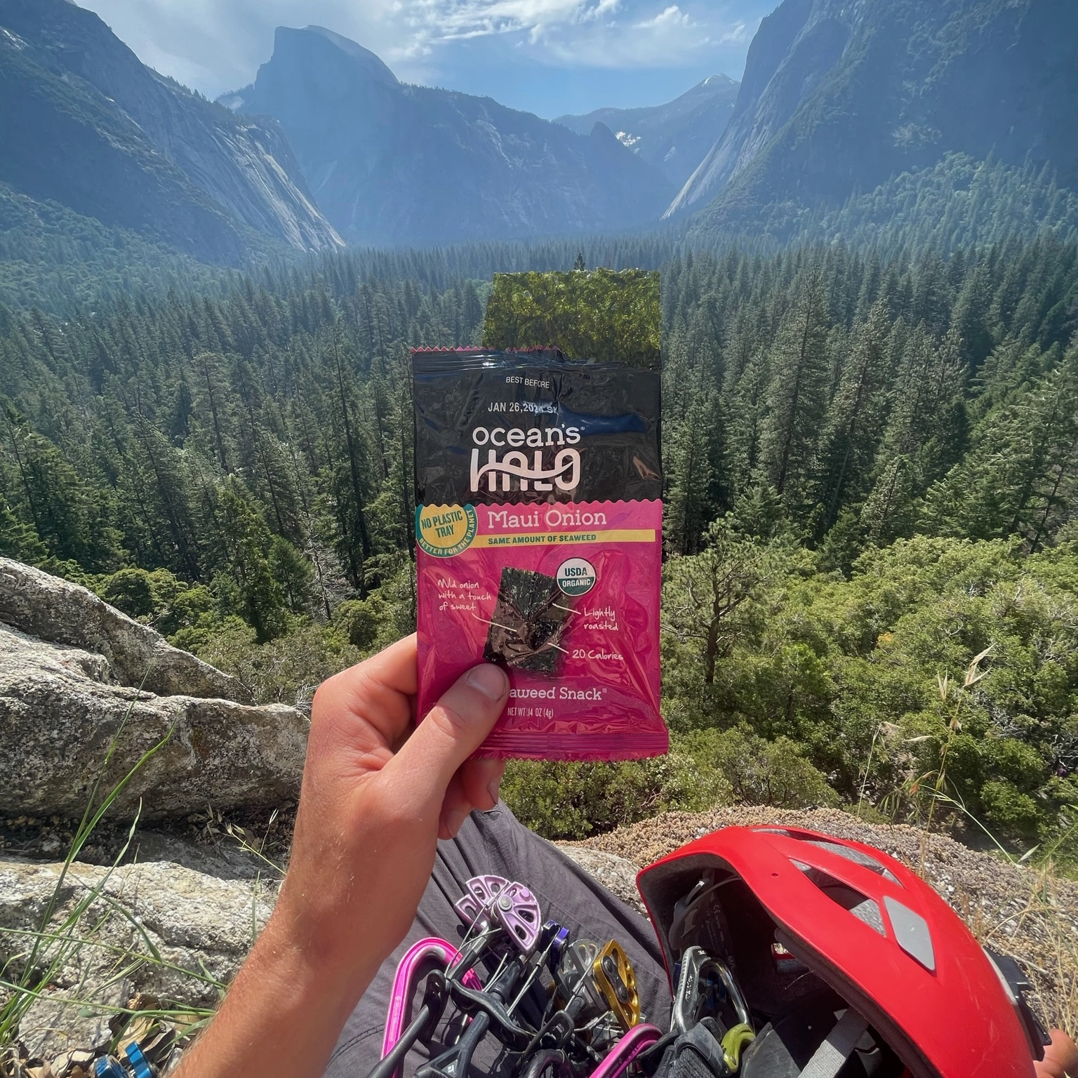 A hand holding a Maui Onion seaweed snack with climbing gear in front of a scenic mountain and valley view.