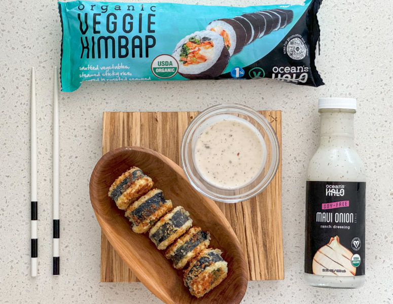 Fried Ocean's Halo Organic Veggie Kimbap with Ocean’s Halo Maui Onion Ranch dressing