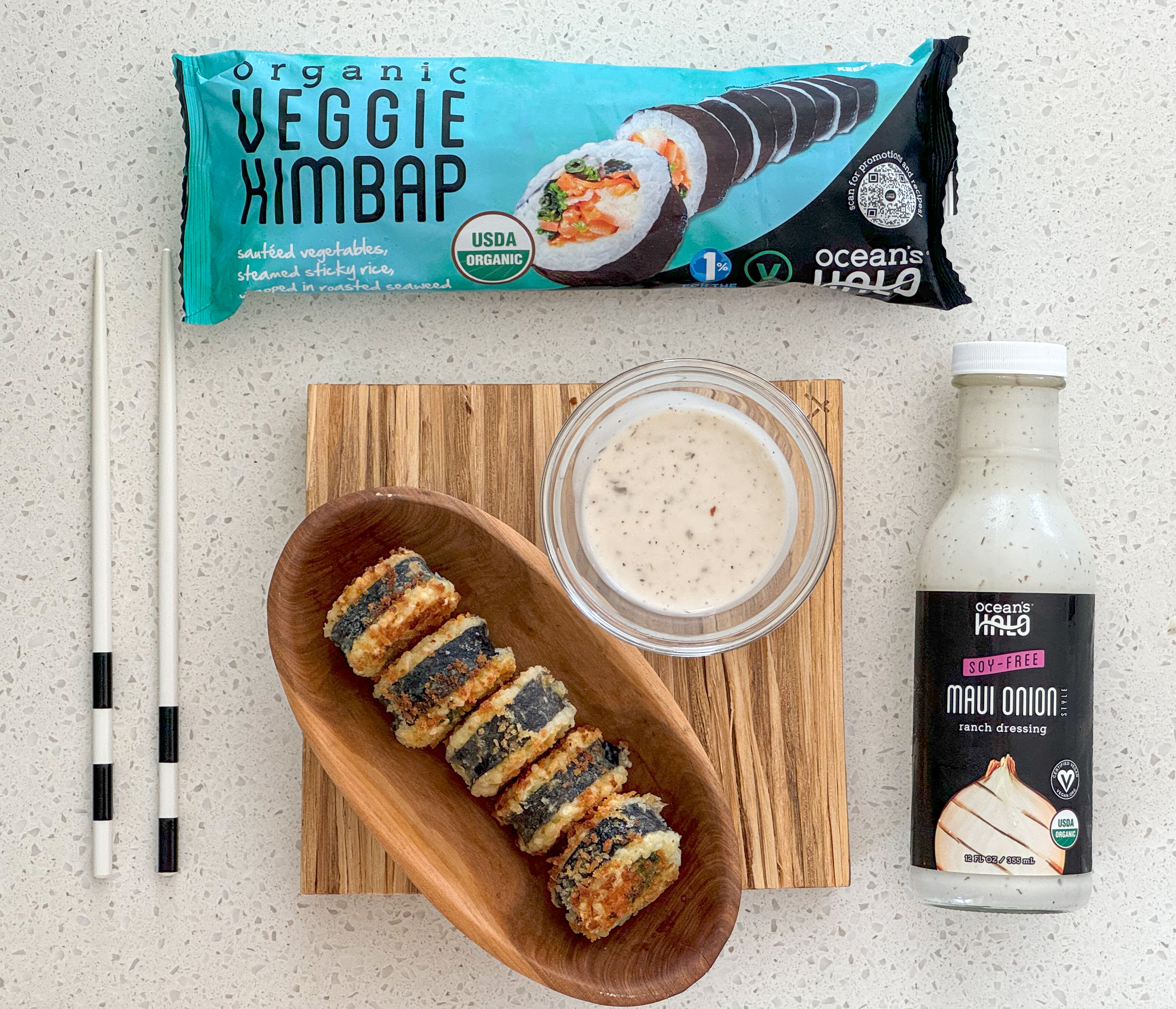 Fried Ocean's Halo Organic Veggie Kimbap with Ocean’s Halo Maui Onion Ranch dressing