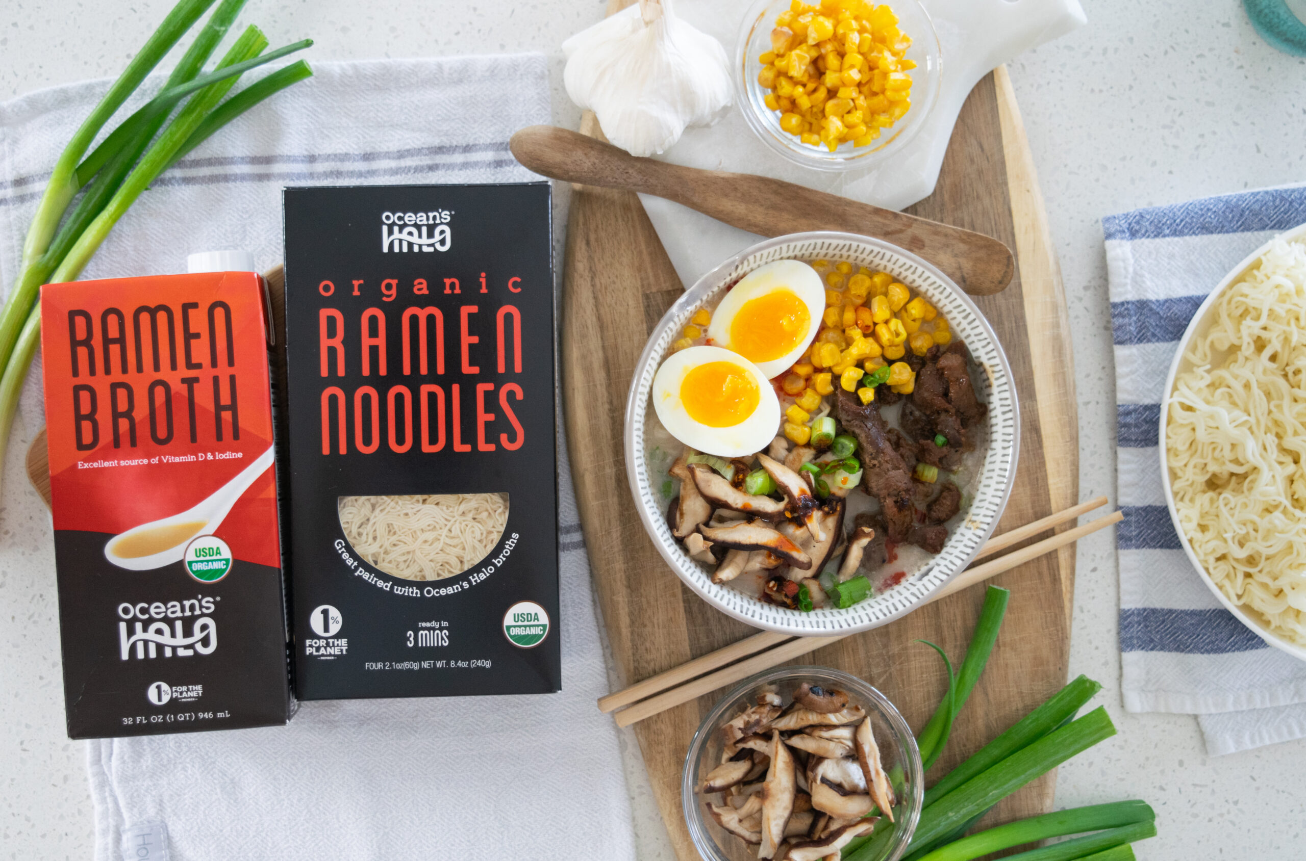 Ocean's Halo ramen broth and noodles with a bowl of prepared ramen.