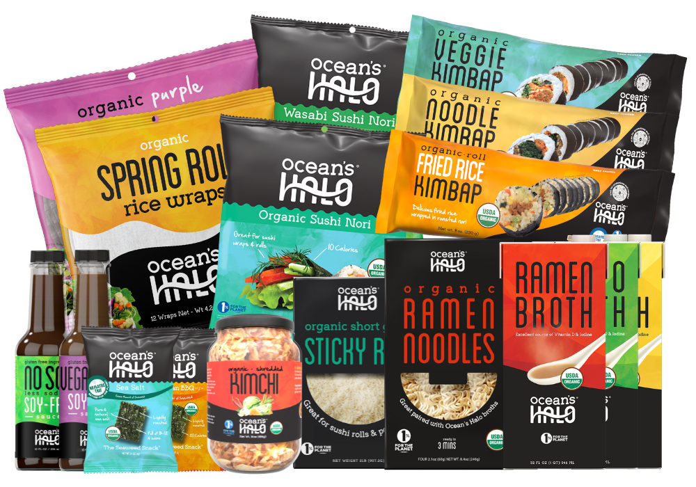 A variety of Oceans Halo Seaweeds, Broths, Noodles and rice also Condiments Products