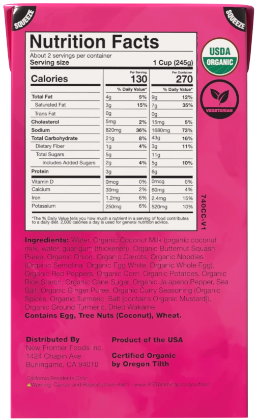 Nutrition facts, ingredients, and allergen information for Ocean’s Halo Organic Coconut Curry Noodle Soup.