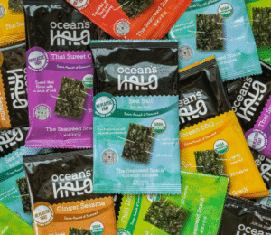 Ocean's Halo Trayless Seaweed Snacks Sea salt, Thai sweet chili, Korean bbq flavor.