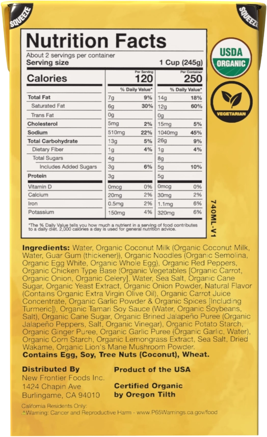 Back of package label for Malaysian Laksa featuring Nutrition Facts, Ingredients list, USDA Organic and Vegetarian certifications, allergen warnings, and distributor details.