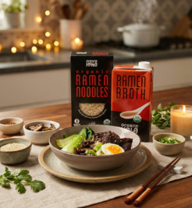 Organic Ocean's Halo Short rib ramen featuring Ocean's Halo Ramen noodles and Ramen Broth.
