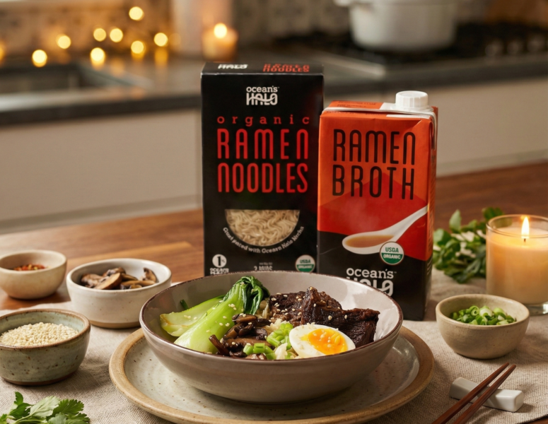 Organic Ocean's Halo Short rib ramen featuring Ocean's Halo Ramen noodles and Ramen Broth.