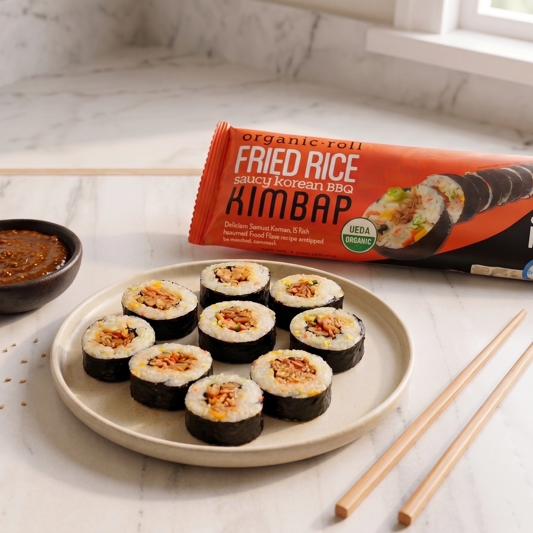 Sliced Saucy Korean BBQ kimbap on a plate with chopsticks and dipping sauce in front of the product wrapper.