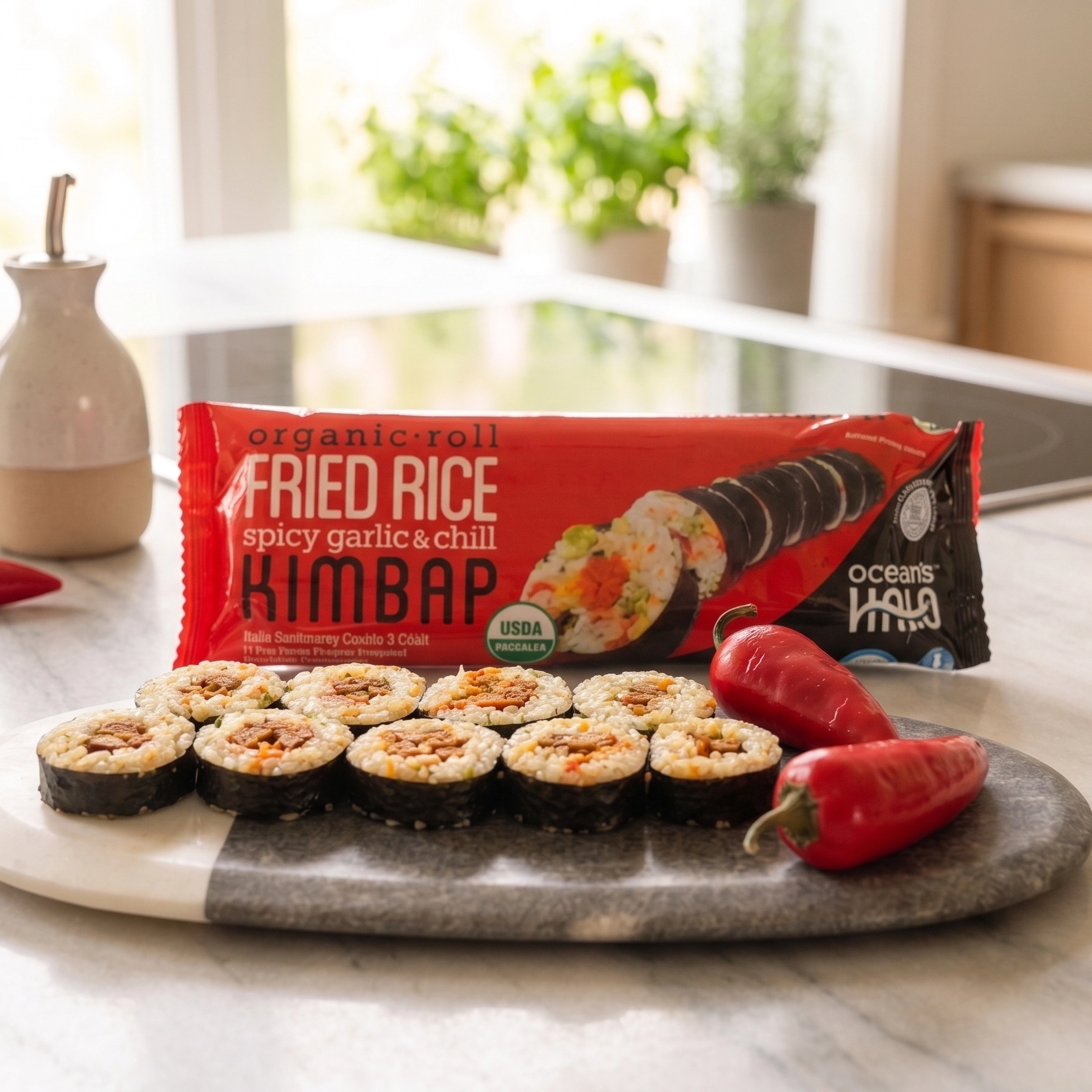 Sliced fried rice roll and two fresh red chili peppers served on a stone board in front of a red Ocean's Halo Spicy Roll wrapper.