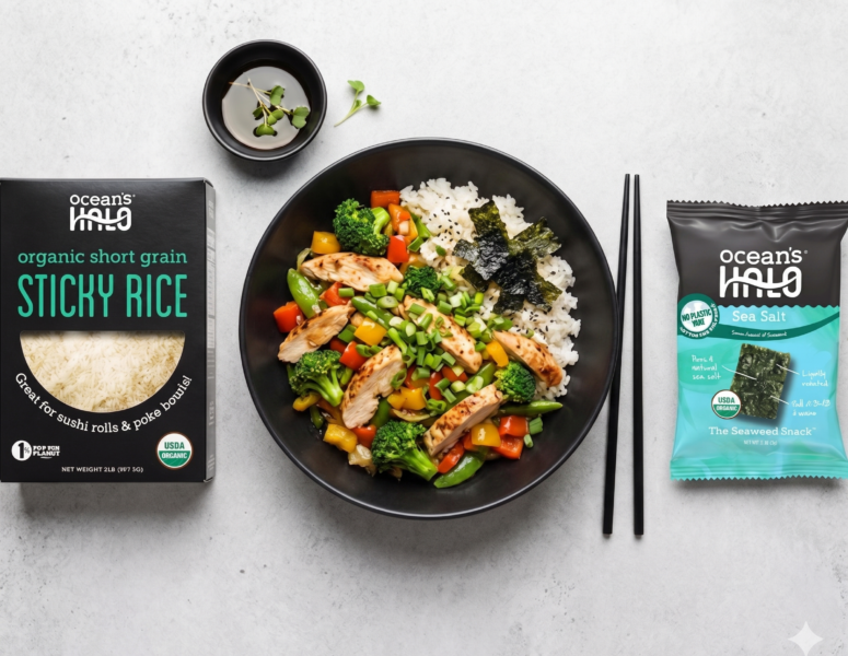 chicken stir fry and ocean's halo sticky rice