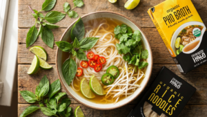 Classic bowl of pho with rice noodles and pho broth