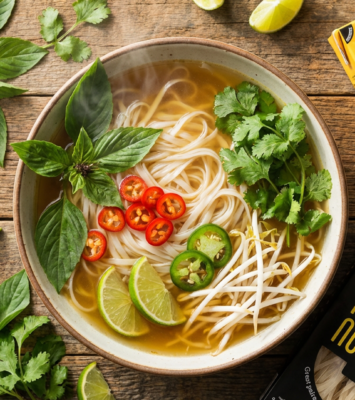 Classic bowl of pho with rice noodles and pho broth