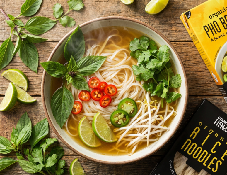 Classic bowl of pho with rice noodles and pho broth